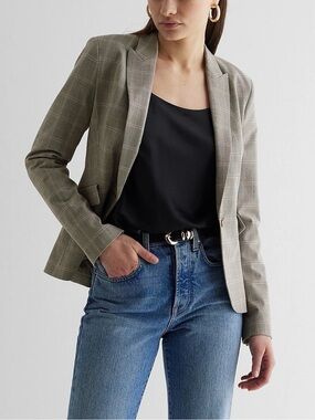 Express Plaid Boyfriend Blazer Jacket Size Medium NWT Neutral Tan Olive